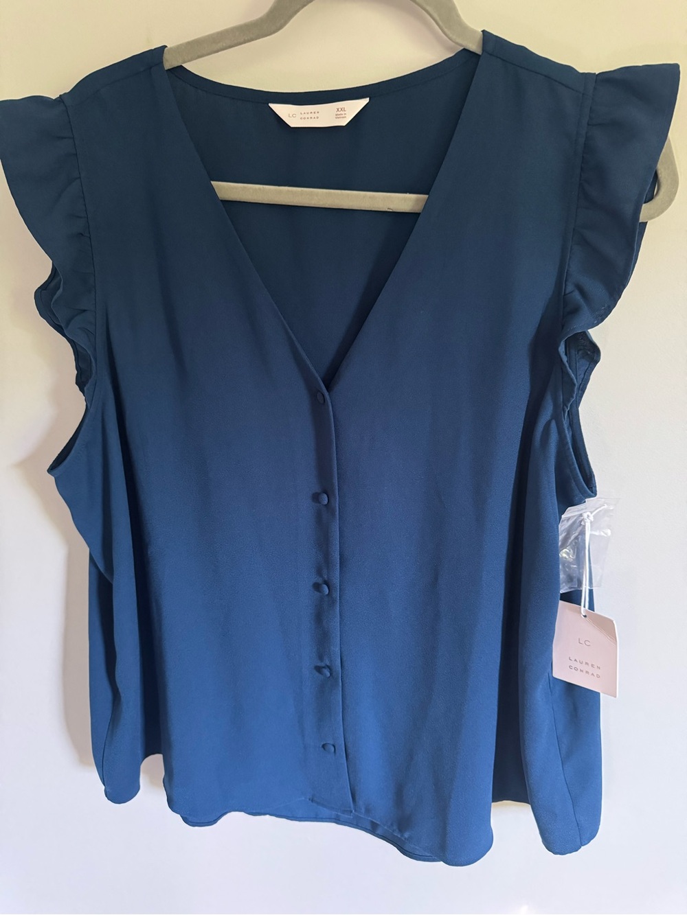 LC Lauren Conrad navy Blue Ruffle Sleeve Button-Front Blouse XXL